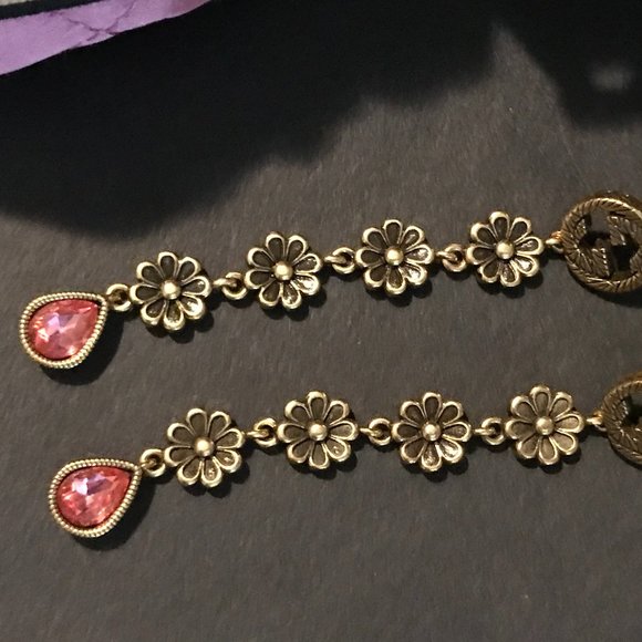 Gucci GG Marmont Pink Daisy Drop Earrings Silver 925 Aged Gold Finish GORGEOUS! - Picture 16 of 16